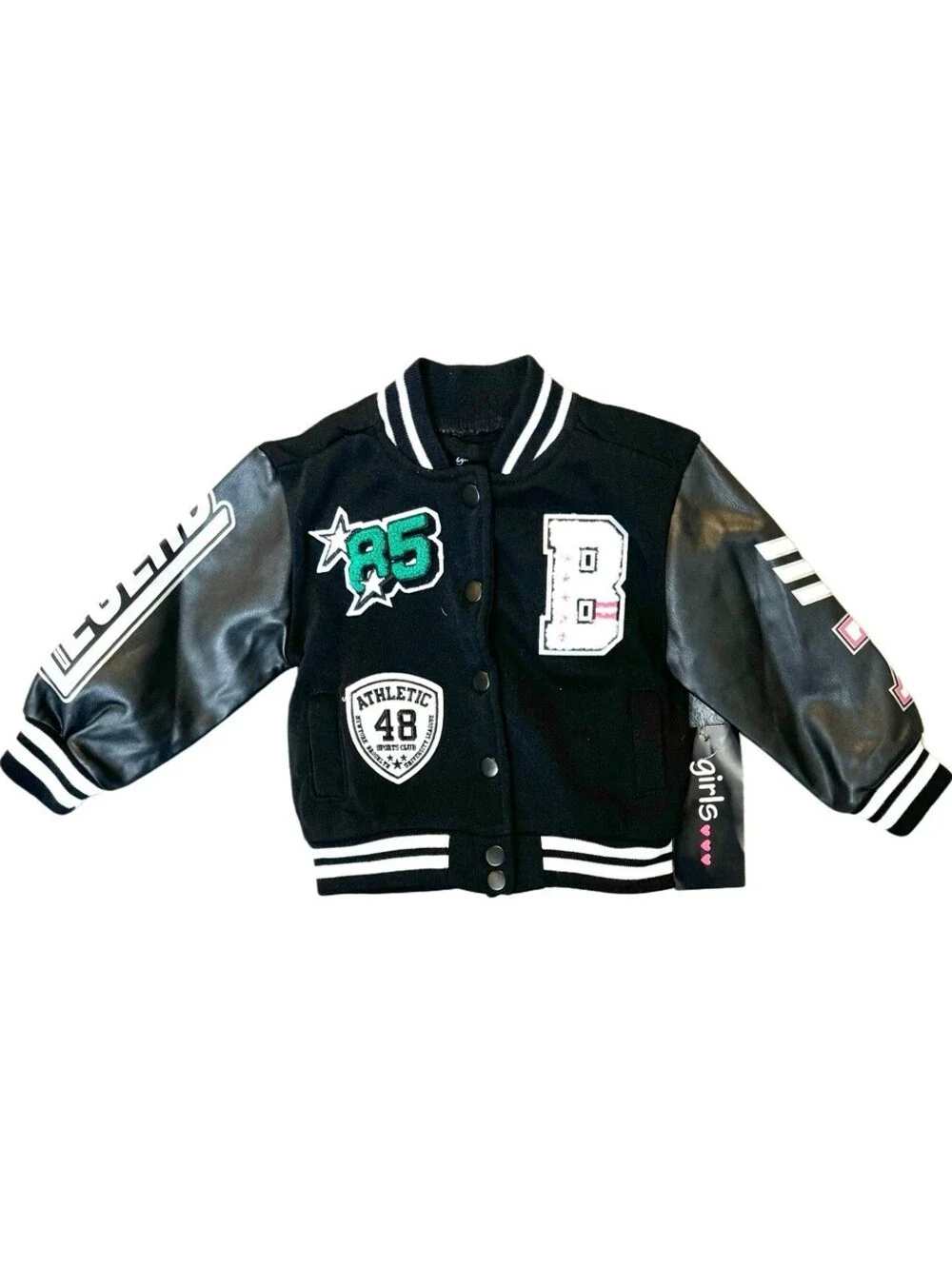 Trendy Girls Letterman Jacket Black Faux Leather Sleeves Size 18M